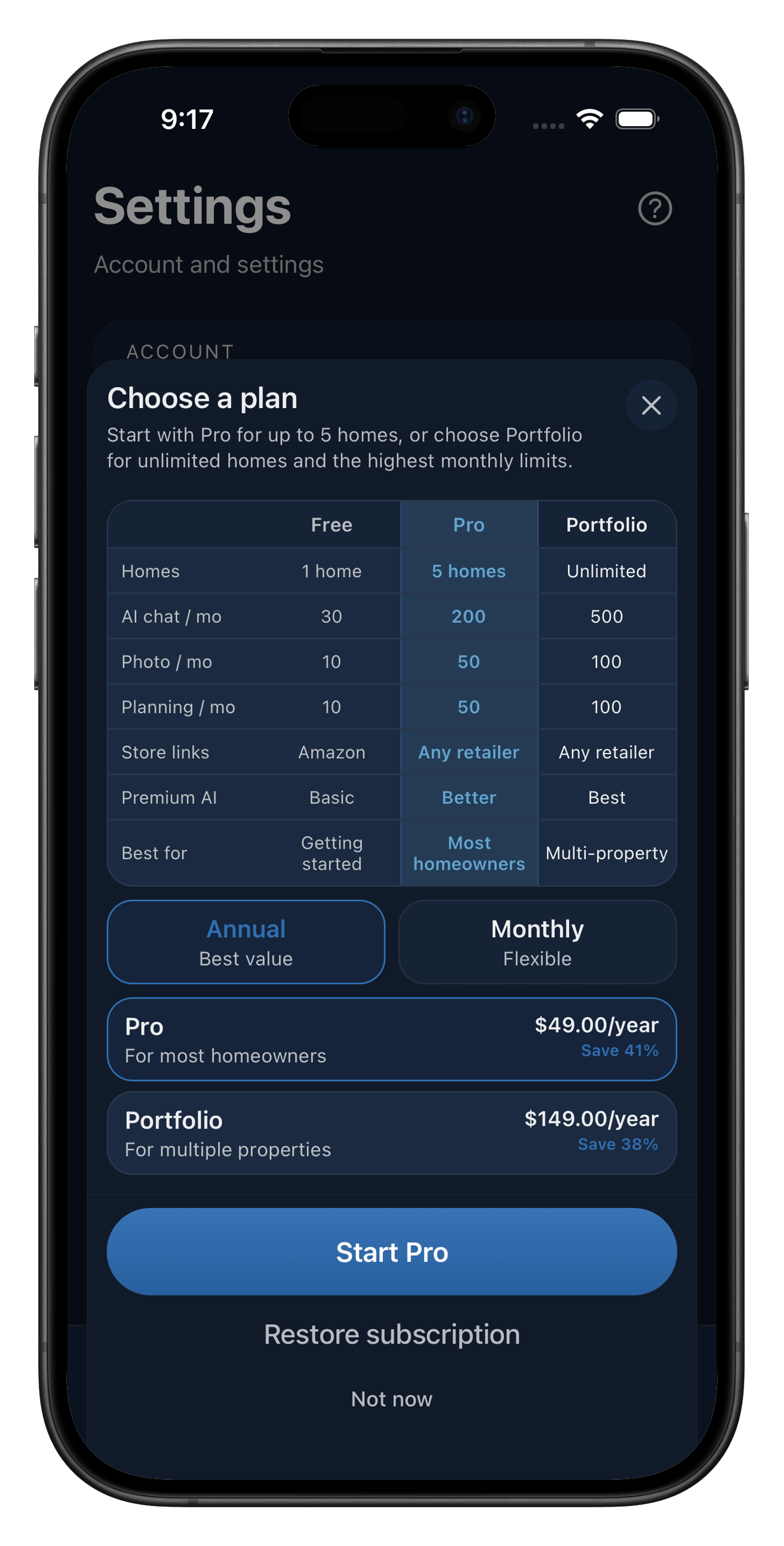 Heart Of The House compare plans screen with Free, Pro, and Portfolio