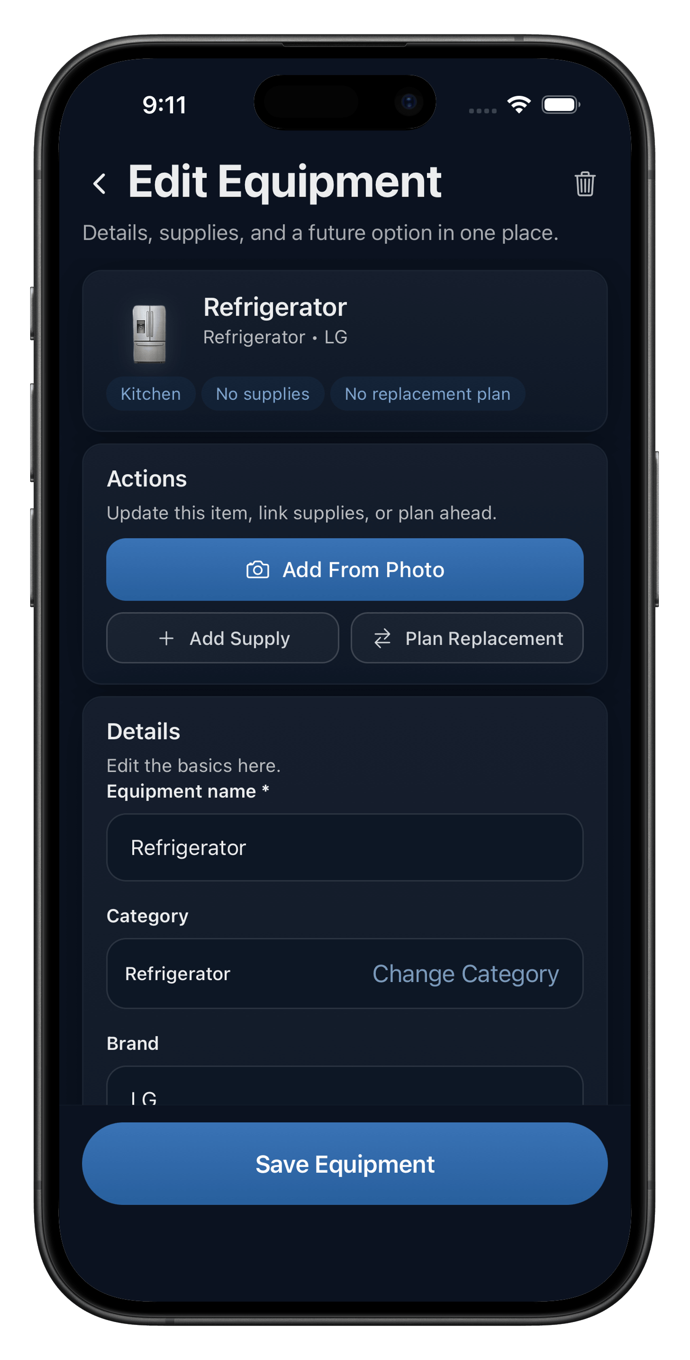 Heart Of The House edit equipment screen with details, supplies, and replacement planning