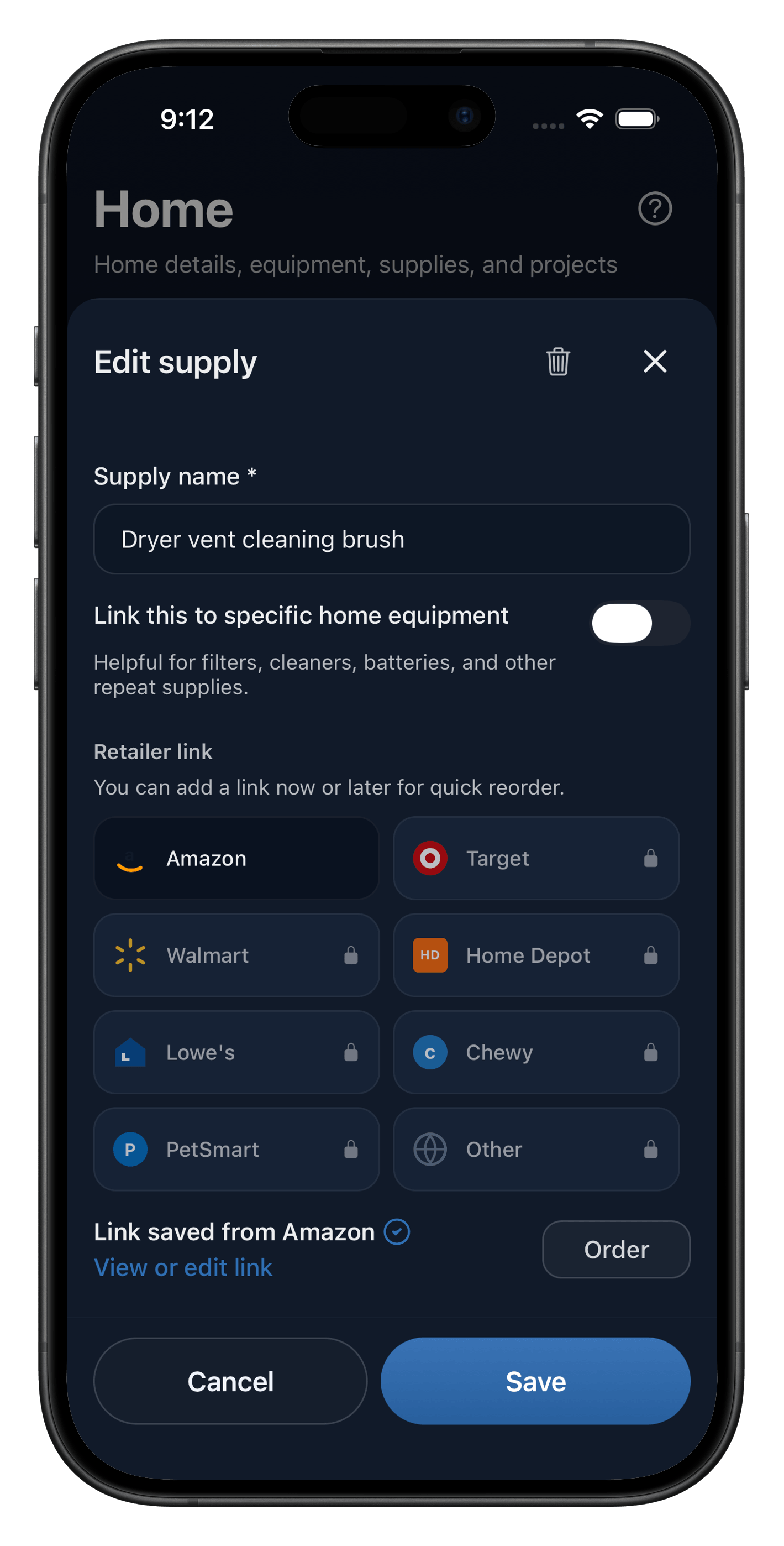 Heart Of The House edit supply screen for a linked household supply