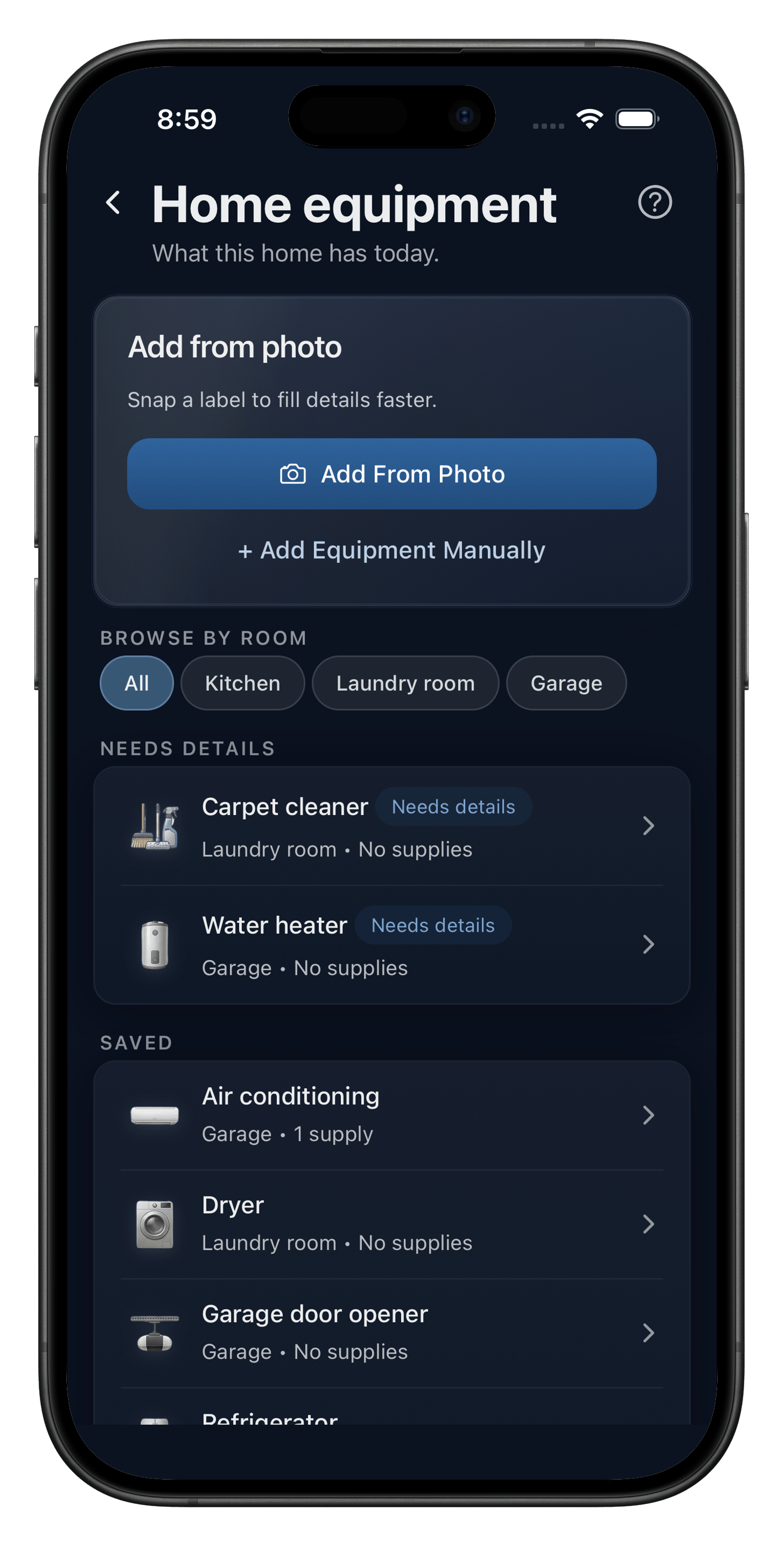 Heart Of The House home equipment screen with Add From Photo and saved equipment