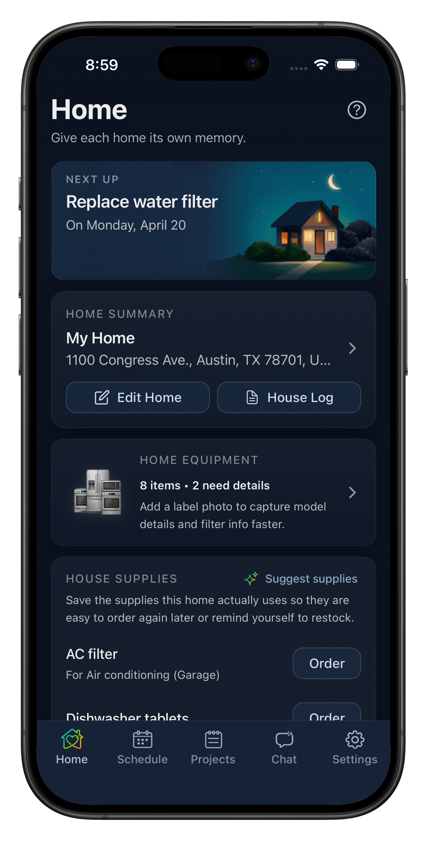 Heart Of The House home dashboard with next steps, supplies, and equipment